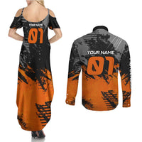 Custom MotoX Eagle Strike Motocross Couples Matching Summer Maxi Dress and Long Sleeve Button Shirt with Rider Silhouette and Orange Grunge Design - Wonder Print Shop