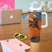 Custom MotoX Eagle Strike Motocross Tumbler With Handle with Rider Silhouette and Orange Grunge Design - Wonder Print Shop