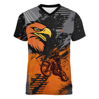 Custom MotoX Eagle Strike Motocross Women V-Neck T-Shirt with Rider Silhouette and Orange Grunge Design - Wonder Print Shop