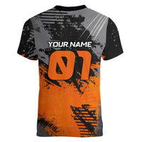 Custom MotoX Eagle Strike Motocross Women V-Neck T-Shirt with Rider Silhouette and Orange Grunge Design - Wonder Print Shop