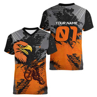 Custom MotoX Eagle Strike Motocross Women V-Neck T-Shirt with Rider Silhouette and Orange Grunge Design - Wonder Print Shop
