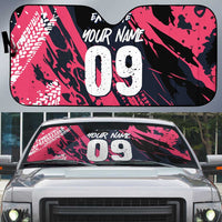 Custom Extreme Motocross Pink Auto Sun Shade with Bold Tire Track Graphics - Wonder Print Shop