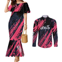 Custom Extreme Motocross Pink Couples Matching Mermaid Dress and Long Sleeve Button Shirt with Bold Tire Track Graphics - Wonder Print Shop