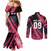 Custom Extreme Motocross Pink Couples Matching Mermaid Dress and Long Sleeve Button Shirt with Bold Tire Track Graphics - Wonder Print Shop