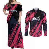 Custom Extreme Motocross Pink Couples Matching Off Shoulder Maxi Dress and Long Sleeve Button Shirt with Bold Tire Track Graphics - Wonder Print Shop