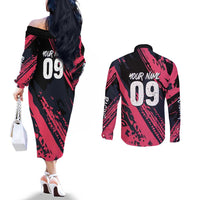 Custom Extreme Motocross Pink Couples Matching Off The Shoulder Long Sleeve Dress and Long Sleeve Button Shirt with Bold Tire Track Graphics - Wonder Print Shop