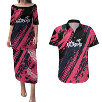 Custom Extreme Motocross Pink Couples Matching Puletasi and Hawaiian Shirt with Bold Tire Track Graphics - Wonder Print Shop