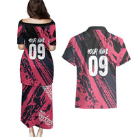 Custom Extreme Motocross Pink Couples Matching Puletasi and Hawaiian Shirt with Bold Tire Track Graphics - Wonder Print Shop