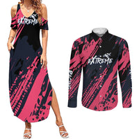 Custom Extreme Motocross Pink Couples Matching Summer Maxi Dress and Long Sleeve Button Shirt with Bold Tire Track Graphics - Wonder Print Shop