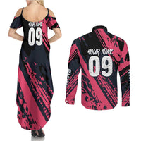 Custom Extreme Motocross Pink Couples Matching Summer Maxi Dress and Long Sleeve Button Shirt with Bold Tire Track Graphics - Wonder Print Shop