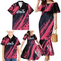 Custom Extreme Motocross Pink Family Matching Mermaid Dress and Hawaiian Shirt with Bold Tire Track Graphics - Wonder Print Shop