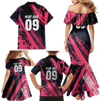 Custom Extreme Motocross Pink Family Matching Mermaid Dress and Hawaiian Shirt with Bold Tire Track Graphics - Wonder Print Shop