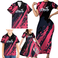 Custom Extreme Motocross Pink Family Matching Short Sleeve Bodycon Dress and Hawaiian Shirt with Bold Tire Track Graphics - Wonder Print Shop