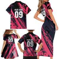 Custom Extreme Motocross Pink Family Matching Short Sleeve Bodycon Dress and Hawaiian Shirt with Bold Tire Track Graphics - Wonder Print Shop