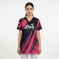 Custom Extreme Motocross Pink Scrub Top with Bold Tire Track Graphics - Wonder Print Shop