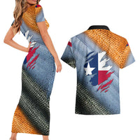Custom Texas Flag Couples Matching Short Sleeve Bodycon Dress and Hawaiian Shirt with Ripped Effect and Fish Scale Pattern - Wonder Print Shop