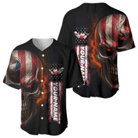 Custom American Flag Skull Baseball Jersey with Bowling Pins Flame Effect and Grunge Pattern - Wonder Print Shop