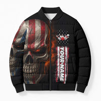 Custom American Flag Skull Bomber Puffer Jacket with Bowling Pins Flame Effect and Grunge Pattern - Wonder Print Shop