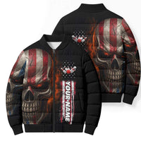 Custom American Flag Skull Bomber Puffer Jacket with Bowling Pins Flame Effect and Grunge Pattern - Wonder Print Shop