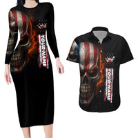 Custom American Flag Skull Couples Matching Long Sleeve Bodycon Dress and Hawaiian Shirt with Bowling Pins Flame Effect and Grunge Pattern - Wonder Print Shop