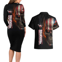 Custom American Flag Skull Couples Matching Long Sleeve Bodycon Dress and Hawaiian Shirt with Bowling Pins Flame Effect and Grunge Pattern - Wonder Print Shop