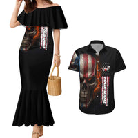 Custom American Flag Skull Couples Matching Mermaid Dress and Hawaiian Shirt with Bowling Pins Flame Effect and Grunge Pattern - Wonder Print Shop