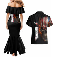 Custom American Flag Skull Couples Matching Mermaid Dress and Hawaiian Shirt with Bowling Pins Flame Effect and Grunge Pattern - Wonder Print Shop