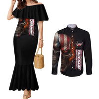 Custom American Flag Skull Couples Matching Mermaid Dress and Long Sleeve Button Shirt with Bowling Pins Flame Effect and Grunge Pattern - Wonder Print Shop