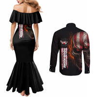 Custom American Flag Skull Couples Matching Mermaid Dress and Long Sleeve Button Shirt with Bowling Pins Flame Effect and Grunge Pattern - Wonder Print Shop