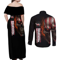 Custom American Flag Skull Couples Matching Off Shoulder Maxi Dress and Long Sleeve Button Shirt with Bowling Pins Flame Effect and Grunge Pattern - Wonder Print Shop