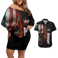 Custom American Flag Skull Couples Matching Off Shoulder Short Dress and Hawaiian Shirt with Bowling Pins Flame Effect and Grunge Pattern - Wonder Print Shop