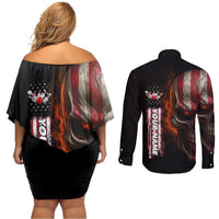 Custom American Flag Skull Couples Matching Off Shoulder Short Dress and Long Sleeve Button Shirt with Bowling Pins Flame Effect and Grunge Pattern - Wonder Print Shop