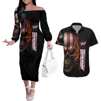 Custom American Flag Skull Couples Matching Off The Shoulder Long Sleeve Dress and Hawaiian Shirt with Bowling Pins Flame Effect and Grunge Pattern - Wonder Print Shop