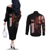 Custom American Flag Skull Couples Matching Off The Shoulder Long Sleeve Dress and Long Sleeve Button Shirt with Bowling Pins Flame Effect and Grunge Pattern - Wonder Print Shop