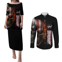 Custom American Flag Skull Couples Matching Puletasi and Long Sleeve Button Shirt with Bowling Pins Flame Effect and Grunge Pattern - Wonder Print Shop