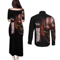 Custom American Flag Skull Couples Matching Puletasi and Long Sleeve Button Shirt with Bowling Pins Flame Effect and Grunge Pattern - Wonder Print Shop