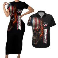 Custom American Flag Skull Couples Matching Short Sleeve Bodycon Dress and Hawaiian Shirt with Bowling Pins Flame Effect and Grunge Pattern - Wonder Print Shop