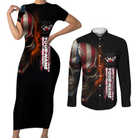 Custom American Flag Skull Couples Matching Short Sleeve Bodycon Dress and Long Sleeve Button Shirt with Bowling Pins Flame Effect and Grunge Pattern - Wonder Print Shop