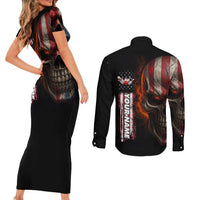 Custom American Flag Skull Couples Matching Short Sleeve Bodycon Dress and Long Sleeve Button Shirt with Bowling Pins Flame Effect and Grunge Pattern - Wonder Print Shop