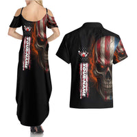 Custom American Flag Skull Couples Matching Summer Maxi Dress and Hawaiian Shirt with Bowling Pins Flame Effect and Grunge Pattern - Wonder Print Shop