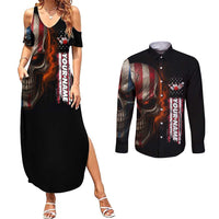 Custom American Flag Skull Couples Matching Summer Maxi Dress and Long Sleeve Button Shirt with Bowling Pins Flame Effect and Grunge Pattern - Wonder Print Shop