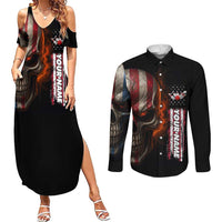 Custom American Flag Skull Couples Matching Summer Maxi Dress and Long Sleeve Button Shirt with Bowling Pins Flame Effect and Grunge Pattern - Wonder Print Shop