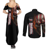 Custom American Flag Skull Couples Matching Summer Maxi Dress and Long Sleeve Button Shirt with Bowling Pins Flame Effect and Grunge Pattern - Wonder Print Shop