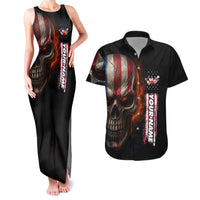 Custom American Flag Skull Couples Matching Tank Maxi Dress and Hawaiian Shirt with Bowling Pins Flame Effect and Grunge Pattern - Wonder Print Shop