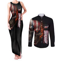 Custom American Flag Skull Couples Matching Tank Maxi Dress and Long Sleeve Button Shirt with Bowling Pins Flame Effect and Grunge Pattern - Wonder Print Shop