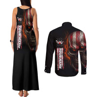 Custom American Flag Skull Couples Matching Tank Maxi Dress and Long Sleeve Button Shirt with Bowling Pins Flame Effect and Grunge Pattern - Wonder Print Shop