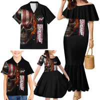 Custom American Flag Skull Family Matching Mermaid Dress and Hawaiian Shirt with Bowling Pins Flame Effect and Grunge Pattern - Wonder Print Shop
