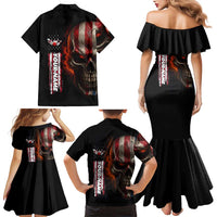 Custom American Flag Skull Family Matching Mermaid Dress and Hawaiian Shirt with Bowling Pins Flame Effect and Grunge Pattern - Wonder Print Shop