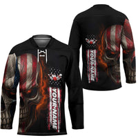 Custom American Flag Skull Hockey Jersey with Bowling Pins Flame Effect and Grunge Pattern - Wonder Print Shop
