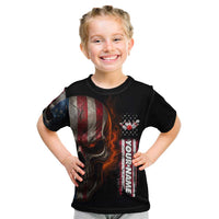 Custom American Flag Skull Kid T Shirt with Bowling Pins Flame Effect and Grunge Pattern - Wonder Print Shop